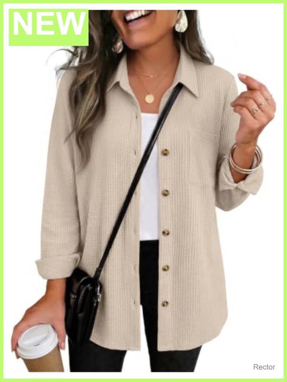 Waffle Knit Button Down Shirt Long Sleeve Shacket with Pocket